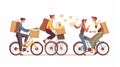 Delivering parcels and letters with a bag. Postman in uniform on bike, with cardboard boxes. Modern hand drawn