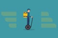 Delivering service vector illustration with modern delivery man on segway carrying package. Food delivery boy.