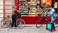 Deliveroo courier delivering food in modern city