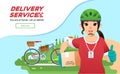 Deliverry service courrier girl sending package with bysicle, women deliverry company mascot with landscape as background vector