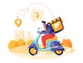 Concept of delivery service with courier character shipping parcels by scooter.
