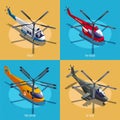 Helicopters different services 2X2, vector illustration isometric icons on isolated background Royalty Free Stock Photo