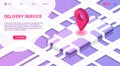 Delivery app isometric illustration. E-commerce. Track service. Truck shipping. Global online navigation. Delivery tracking