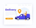 delivery banner, man holding boxes near mini van Royalty Free Stock Photo