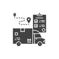 Delivery black glyph icon. Freight transport and checklist sign. Express shipping. Worldwide logistics. Sign for web page, app. UI