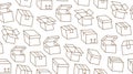 Delivery box background, cargo package seamless pattern. Various open and closed cardboard boxes, parcel flat line icons