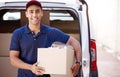 Delivery, box and portrait of man in van with checklist for shipping, logistics and supply chain boxes. Ecommerce Royalty Free Stock Photo