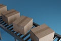 Delivery boxes move on a conveyor belt for logistics distribution, 3d rendering