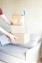 Delivery boxes stack. Home interior Royalty Free Stock Photo