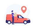 delivery boy holding boxes near mini van Royalty Free Stock Photo