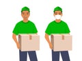 Delivery boy holds in hands postal parcel box