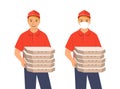 Delivery boy holds in hands several pizza boxes