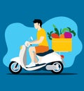 Delivery Boy Riding Scooter With Box With Vegetables, Food Delivery Service, Shipping Concept, Flat Design, Vector