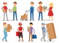 Delivery boy service workers couriers delivering man characters shop mailmen bringing packages holding boxes documents