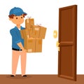 Delivery man boy vector service workers and clients couriers delivering man characters shop mailmen bringing packages Royalty Free Stock Photo