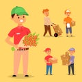 Delivery man boy vector service workers and clients couriers delivering man characters shop mailmen bringing packages Royalty Free Stock Photo