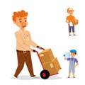 Delivery man boy vector service workers and clients couriers delivering man characters shop mailmen bringing packages