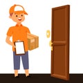 Delivery man boy vector service workers and clients couriers delivering man characters shop mailmen bringing packages Royalty Free Stock Photo