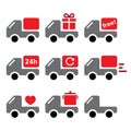 Delivery car, truck shipping goods, take away vector icons set Royalty Free Stock Photo