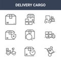 9 delivery cargo icons pack. trendy delivery cargo icons on white background. thin outline line icons such as hand truck, truck,