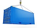 Delivery, cargo, shipping concept - blue cargo container hoisted by crane hook isolated on white Royalty Free Stock Photo