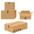 Delivery carton containers or mail boxes. Set. Box with fragile signs. Cardboard box mockup set. Open and closed Royalty Free Stock Photo