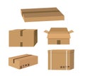 Delivery carton containers or mail boxes. Set. Box with fragile signs. Cardboard box mockup set. Open and closed Royalty Free Stock Photo