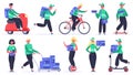 Delivery characters. Courier, postal workers, service boy with parcels and packages. Male and female delivery service