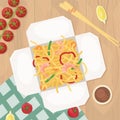 Delivery of Chinese food in boxes to your home. Asian food in boxes. Fried noodles with shrimp and vegetables. Flat lay Royalty Free Stock Photo