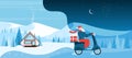 Delivery of Christmas gifts, funny Santa Claus with glasses and hat riding motor scooter