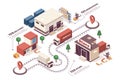 Delivery company concept 3d isometric web infographic workflow process. Infrastructure map with warehouse storage, store building Royalty Free Stock Photo