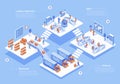 Delivery company concept 3d isometric web scene with infographic. People work in logistics department, workers loading boxes in Royalty Free Stock Photo