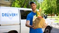 Delivery company worker holding grocery bag, food order, supermarket service Royalty Free Stock Photo