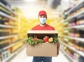 Delivery company worker holding grocery box, food order, supermarket service Royalty Free Stock Photo