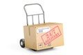 24/7 delivery concept. Cardboard box on hand truck, 3D rendering Royalty Free Stock Photo