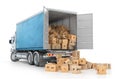 Cardboard boxes drop out from the transport isolated on a white background. 3d illustration