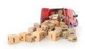 Cardboard boxes drop out from the transport isolated on a white background. 3d illustration