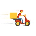 Delivery concept design. Boy ride scooter motorcycle with box. Vector Royalty Free Stock Photo