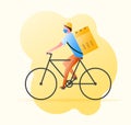 Delivery concept with delivery man in medical mask on a bicycle. Vector illustration for delivery, logistics, comerce, service