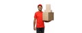 Delivery Concept - Portrait of Happy African American delivery man in red cloth holding a box package. Isolated on white Royalty Free Stock Photo