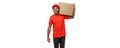 Delivery Concept - Portrait of Happy African American delivery man in red cloth holding a box package. Isolated on white Royalty Free Stock Photo