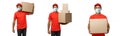 Delivery Concept - Set of Portrait of Happy African American delivery man with face mask in red cloth holding a box Royalty Free Stock Photo