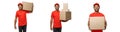 Delivery Concept - Set of Portrait of Happy African American delivery man in red cloth holding a box package. Isolated Royalty Free Stock Photo