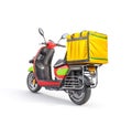 Delivery concept. Thermal backpack for contactless food delivery to customers home with e-moped.