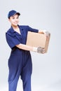 Portrait of Gleeful and Positive Caucasian Female Messenger With One Freight of Carton Box Parcel to Addressee