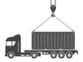 Delivery of containers by trucks. Vector illustration of loading containers onto a truck using a crane hook.