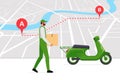 Delivery courier brought cargo goods package box on moped following navigation route on city map with GPS location pins