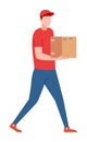 Delivery courier carrying cardboard box on white