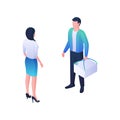 Delivery courier fast orders isometric illustration. Male character stands with white box handles and has conversation