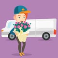 Delivery courier holding bouquet of flowers.